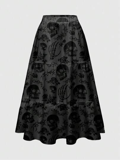 Jupe plissée gothique mystérieuse à imprimé crâne et épines en 3 couches pour femmes