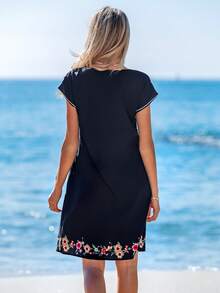 Sylviya 夏島沙灘度假連領印花藍色短袖女裝連衣裙