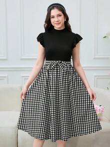 少女优雅通勤休闲泡泡袖罗纹拼接千鸟格图案中长连衣裙，系带细节，吊带裙，女童连衣裙，黑色女童连衣裙，荷叶边下摆女童连衣裙，返校季，春节，派对 - 黑與白 - 查看 5