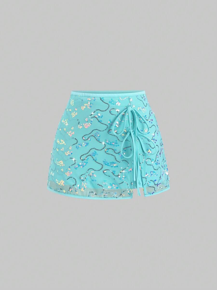 SHEIN Sweetro 女士夏季时尚度假派对亮片拼接蝴蝶结开衩迷你裙 - 藍色 - 查看 1