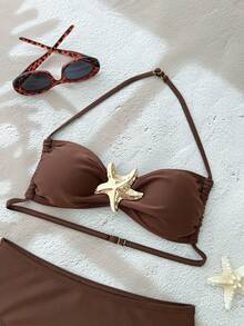 Tween Girls Solid Color Strapless Tie Metallic Jewelry Bikini Set For Summer,Bathing Suit Set /Beach Girl Outfit/ Swim Suits Two Pieces/ Bathing Suits For Teens Bikini Set - Brown - View 6