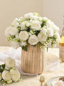 6/10支人造牡丹绒花，仿真牡丹花束，花卉装饰，适合乡村风格家居装饰、波西米亚婚礼餐桌中心装饰，塑料仿真花散装套装，可用于花瓶装饰 - 白色 - 查看 9