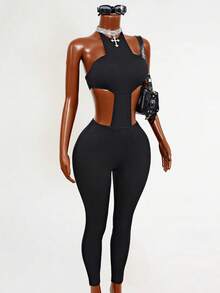 Mistrie Women's Backless Halter Neck Fitted Denim Jumpsuit - Black - View 5