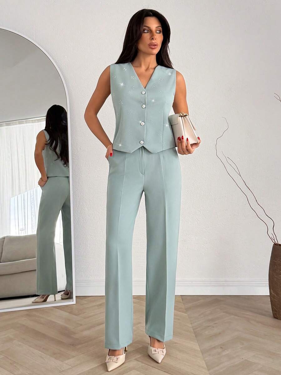 EURMUSE Women Rhinestone Detailed Two Pieces Vest And Pant Suit Sets - Mint Green - View 1