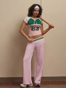 Cheerettes 女士字母印花系领插肩短袖运动T恤 - 粉色 - 查看 4