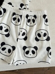 SHEIN 2件套男女童可爱熊猫印花短袖T恤和短裤睡衣套装，休闲家居服，适合日常穿着和户外活动，春夏款 - 黑與白 - 查看 7