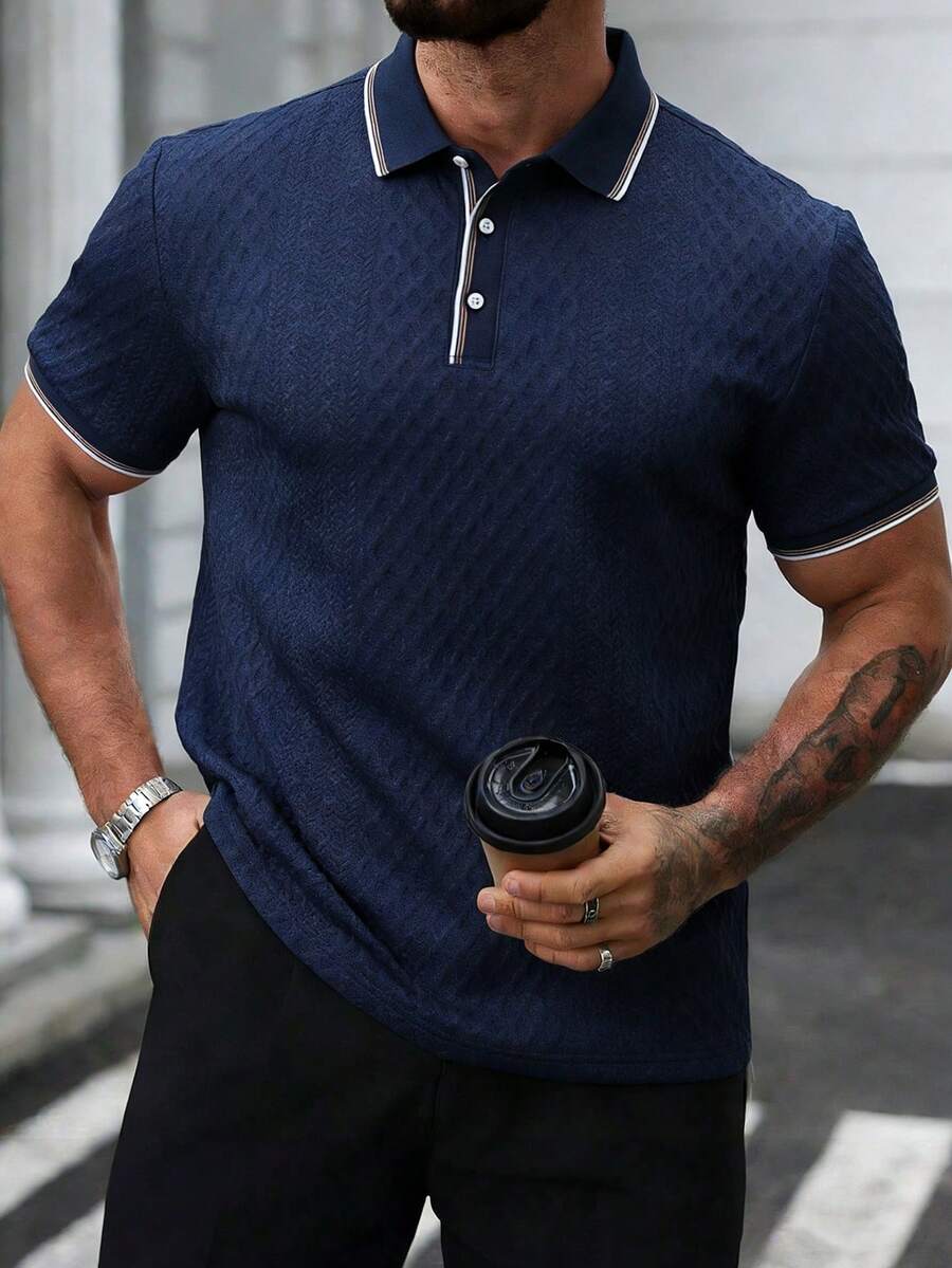 EGENSIO Men's Casual Textured Contrast Trim Short Sleeve Polo Shirt, Summer - Blue - View 1