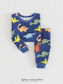 Cozy Pixies 男婴贴身睡衣套装，卡通恐龙印花柔软针织圆领长袖上衣和松紧腰长裤，2 件套 - 彩色 - 查看 4