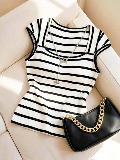 Franclia Camiseta de punto de rayas ajustada, estilo minimalista francés, top casual de manga corta, ideal para fiestas, primavera/verano