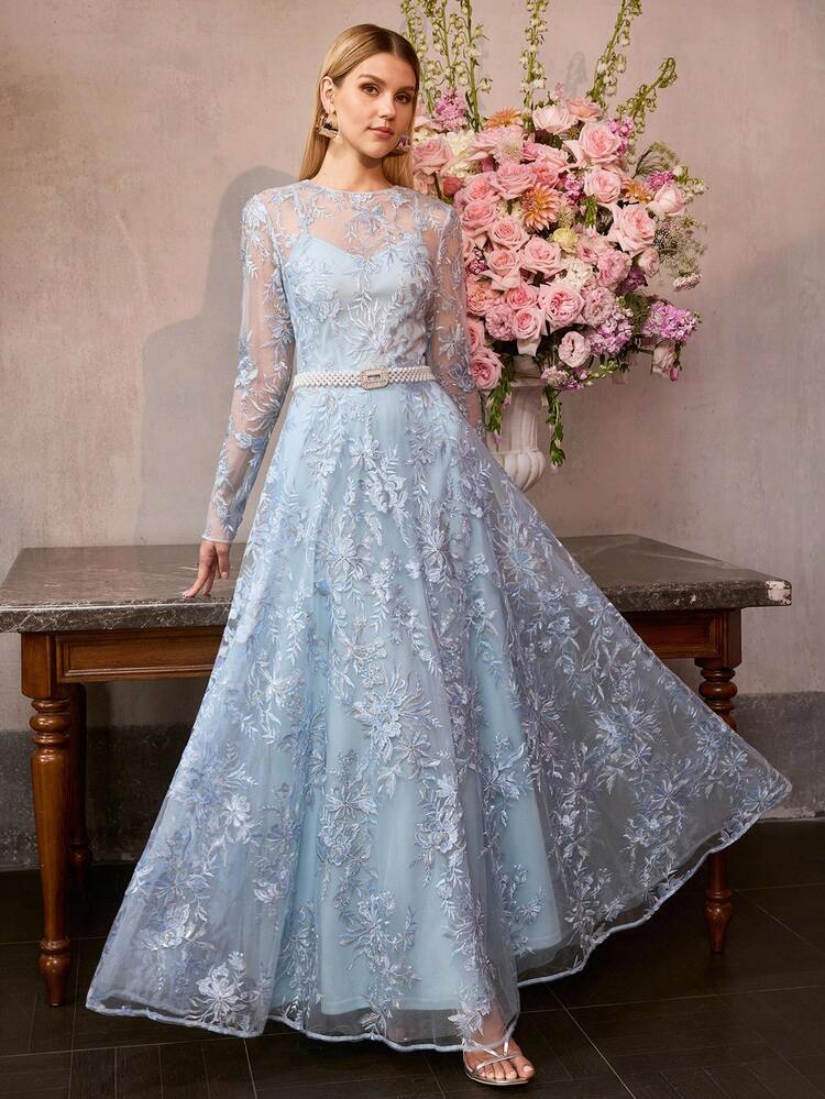 MOTF Soiréza Abito da sera lungo in tulle ricamato con paillettes per donna