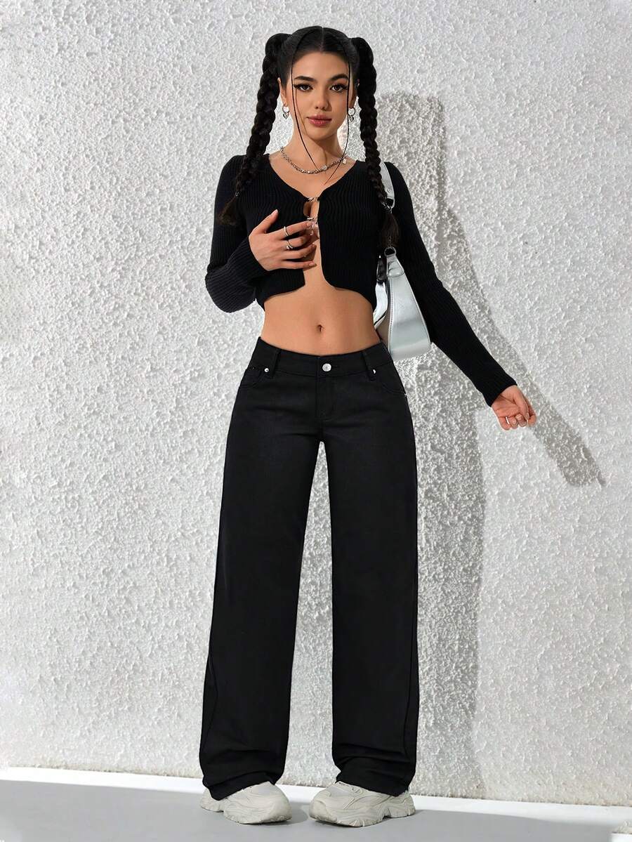 SHEIN ICON Women's Casual Solid Color Slant Pocket Straight Leg Jeans, Autumn - Black - View 1