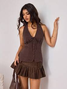 Aidyla Regular Halter Neck Brown Striped Tank Top For Women Sexy Style Lace Up  Women's Brown Woven Striped Sleeveless Halter Neck Cinched Waist A-Line Commuter Tank Top, Spring/Summer Women's Sexy Brown Striped Halter Neck Tank Top With Lace Up Detail Regular Length Women Halter Neck Brown Striped Lace Up Detail Regular Tank Top Sexy Style - Brown - View 5