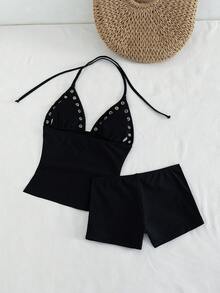 Bonvoyette 黑色露背吊带镂空优雅沙滩泳装套装，侧开衩低腰设计，适合春夏穿着 - 黑色 - 查看 2