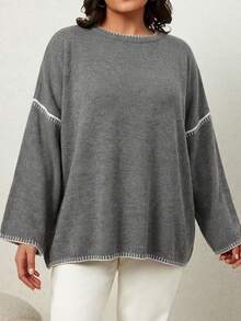 Plus Size Contrast Trim Drop Shoulder Sweater For Autumn & Winter - Coffee Brown - View 3