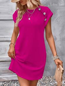 Lymera Spring/Summer New Fashionable & Elegant Button Design Round Neck Versatile Textured Mini Dress In Rose Red - Hot Pink - View 4