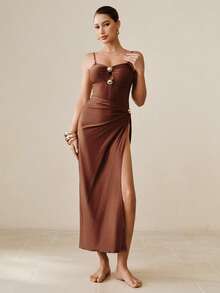 Swim Oasis Áo tắm liền thân gợi cảm, thanh lịch, khoét rỗng, đính kim loại dành cho nữ, kiểu dáng dự tiệc biển, nghỉ lễ, kèm áo khoác ngoài. - màu nâu - Xem 3