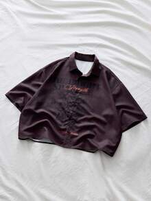 AXEPEAK 男士字母印花前开襟纽扣休闲百搭短袖衬衫 - 咖啡棕 - 查看 6