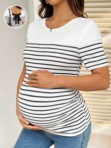 SHEIN Maternity Striped Print Round Neck Fitted Short Sleeve T-Shirt Maternity Tops Maternity Clothes T Shirts Pregnancy Shirts Pregnant Clothes Nursing Top