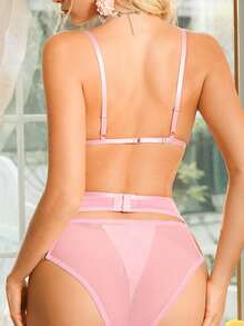 5件套刺绣网纱无钢圈性感内衣套装（女士款） - 粉色 - 查看 2