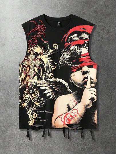 ROMWE MEN Áo ba lỗ nam, kiểu dáng đường phố, họa tiết gai nhọn, phong cách American Angel Child, chất liệu denim bạc màu.