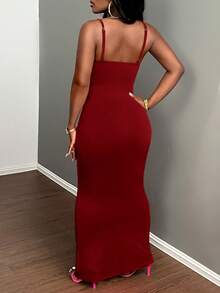 SHEIN Slayr 性感优雅吊带修身荷叶边低胸长裙，酒红色 - 酒紅色 - 查看 3