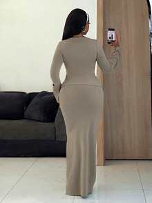 Slaydiva 早春新款，春夏音乐节，情人节，复活节休闲风，简约基础款Y2K街头甜美畅销款，邮轮度假，日常约会，辣妹风，性感风，深V领，前系带设计，喇叭长袖性感上衣+前中褶侧开衩超长裙，浅卡其色套装，女士两件套 -A - 卡其色 - 查看 3