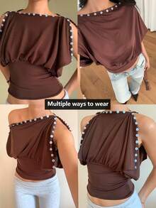 Siren Gaze Áo nữ ngắn tay thời trang màu trơn, thiết kế xếp ly, cài nút, có thể mặc theo nhiều kiểu, thích hợp đi chơi, đi biển, ngày Valentine, mùa xuân, màu nâu, phong cách Y2K, mùa hè thường ngày. - màu nâu - Xem 5