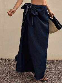DAZY Women's Side Tie Loose Straight Long Skirt, Casual And Elegant Denim A-Line Skirt - Dark Wash - View 5