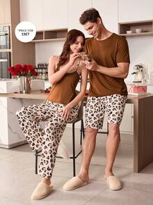 Men Loose Casual Leopard Print Heart Pattern Short Sleeve Shorts Pajama Set - Coffee Brown - View 7