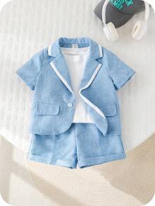 SHEIN 2pcs Baby Boy Preppy Gentleman Outfit, Contrast Color Short Sleeve Blazer And Elastic Waist Shorts Set, Suitable For Birthday Party, Rave, Evening Party, Performance, Wedding, Baby Shower, 1st Birthday Celebration Baby Boy Blue Suit Blazer For Baby Boy 18m Boy Dress Suit - Multicolor - View 9