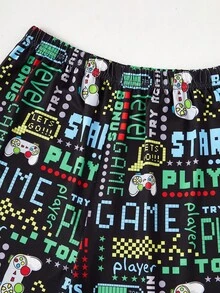 2pcs/Set Young Teen Boy Simple Fashion Letter Print & Gaming Pattern Short Sleeve Tee And Shorts Casual Pajama Set