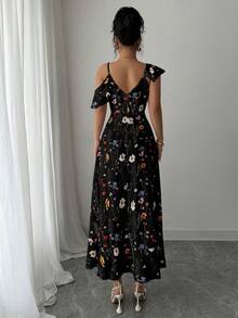 Elenzga Elegant Asymmetric Ruffle Floral Print Summer Dress - Black - View 2