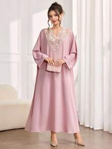 Al Najma Women's Elegant Turkish Lace Embroidery Hollow Design Long Sleeve Cardigan Kaftan Jalabiya Dress - Pink - View 5