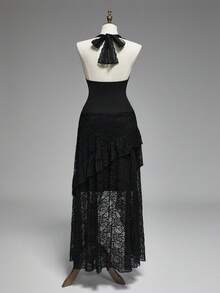 ROMWE Goth Đầm cổ yếm thanh lịch dành cho nữ cỡ lớn, phối ren tương phản, viền bèo nhún. - màu đen - Xem 2