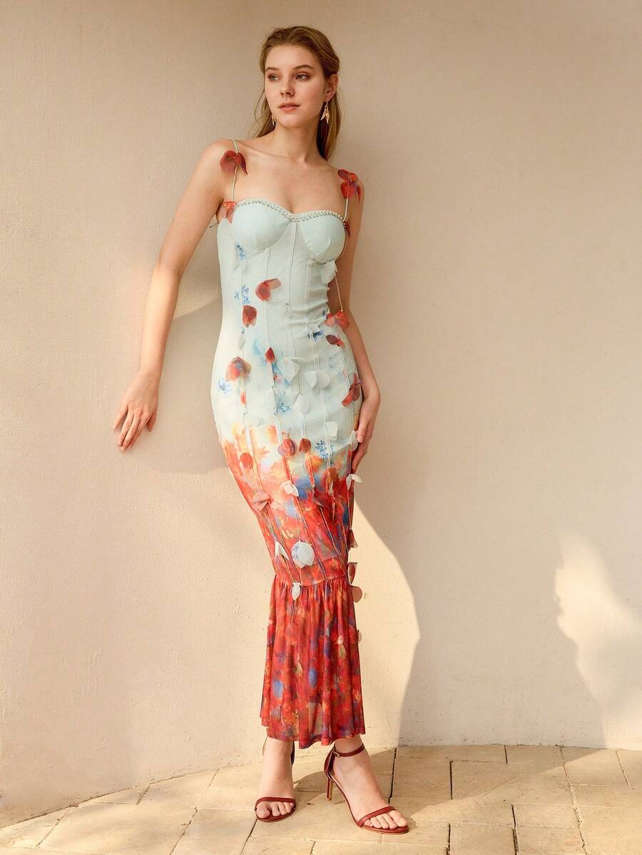 MOTF PREMIUM VESTIDO CAMISERO ELEGANTE DE MUJER CON APLICACIONES FLORALES, PARA VERANO - Azul - Ver 1