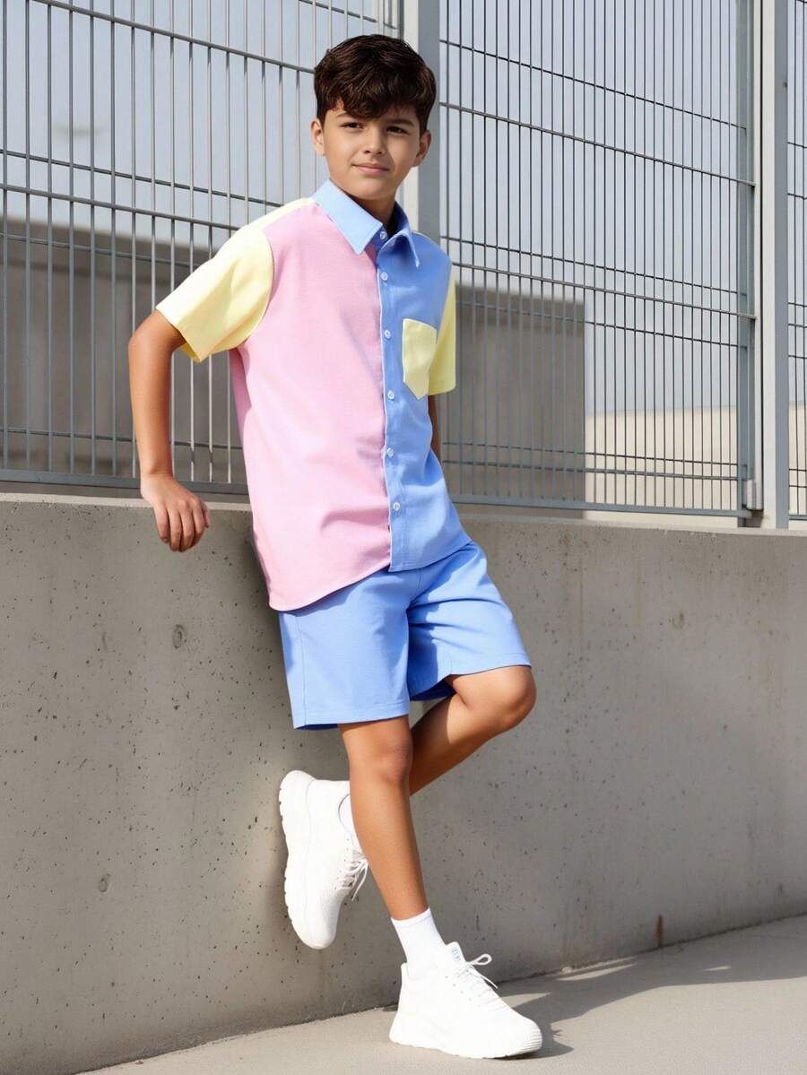 SHEIN Explorewe Bộ 2 món thời trang thường ngày cho bé trai tuổi teen: Áo polo cổ bẻ phối màu tương phản và quần short, phong cách Hàn Quốc. - Nhiều màu - Xem 1