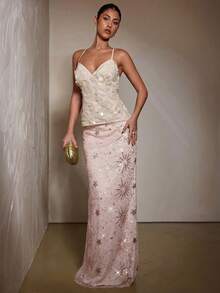 SHEIN BAE 女士刺绣亮片美人鱼尾裙，夏季 - 黃色 - 查看 8