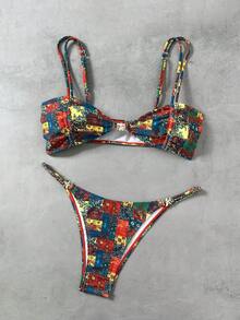 Swim Vcay Conjunto de bikini de dos piezas con estampado tropical, estilo casual de vacaciones para mujer - Multicolor - Ver 2