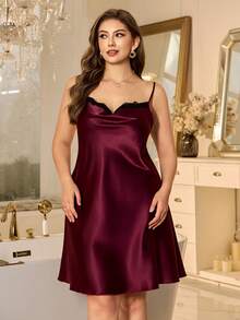 SHEIN 大码女式酒红色仿丝黑色蕾丝边吊带长裙+长袍睡衣套装，两件套家居服