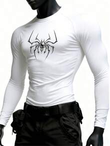 GymBeat 男士蜘蛛印花插肩长袖休闲健身运动T恤压缩衣 男士压缩上衣 男士S码压缩衫 印花压缩衫 - 白色 - 查看 3