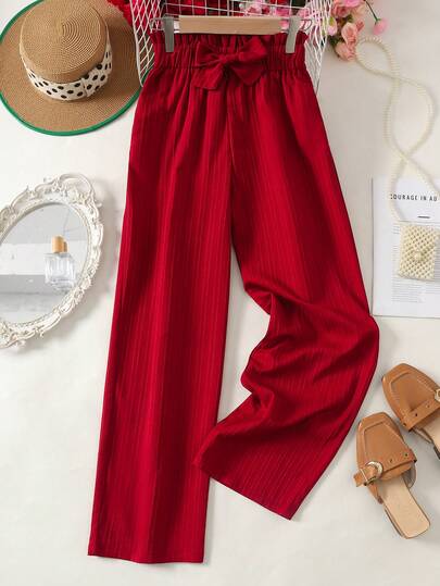 SHEIN Teen Girls Pants Solid Color Paper Bag Waist Belted Casual Long Pants