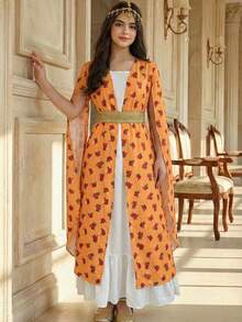 SHEIN Conjunto informal de 2 piezas para adolescentes con bata de flores diminutas amarillas y blancas con ribete de contraste, cintura ceñida y abertura, para vacaciones - Naranja - Ver 4