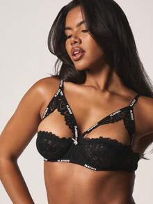 Missguided x Playboy Lace Bralette Bustier With Strappy Detail And Scalloped Trim For Intimate Occasions And Special Events - Black - View 4