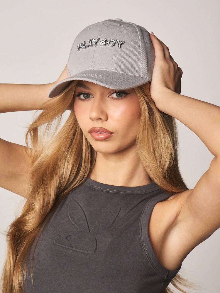 Missguided x Playboy Rhinestone Embellished Baseball Cap With Crystal Logo Detail Casual Streetwear Headwear