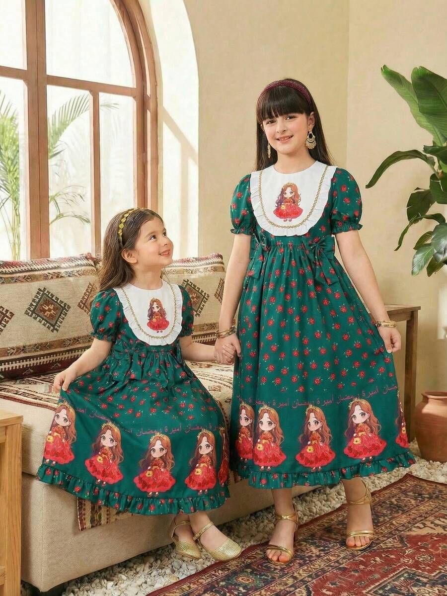 Vestido verde con manga de farol, volantes y moño con estampado floral de rosa, diseño de princesa de dibujos animados, adecuado para salidas, escuela, transporte, uso primaveral, Ramadán, abaya, jalabiya, ropa árabe tradicional - Verde - Ver 1