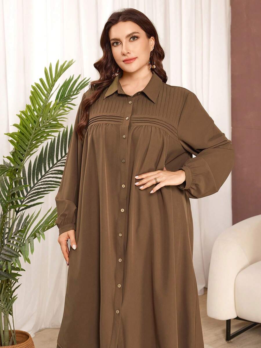 Lacomfia Set de 2 piezas de camisa larga de manga larga holgada de unicolor casual y falda larga de cintura elástica, talla grande, primavera/otoño - Marrón - Ver 1