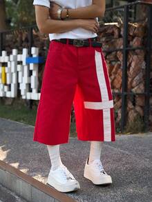 Manfinity EMRG Men's Contrast Color Patchwork Casual Loose Fit Denim Shorts With Belt Loops Red Jean Shorts Men - Red - View 7