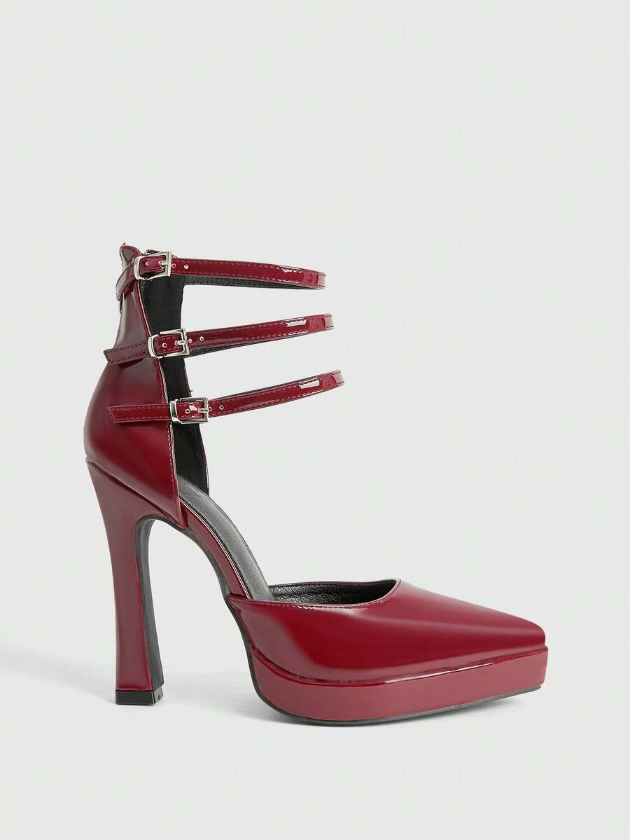 CUCCOO LuxiPop Women Shoes Women's Pointed High-Heeled Pu Light Fabric, Fashionable, Simple And Comfortable, Buckle For Daily Parties And Banquets, Rear Zipper Shoes - Burgundy - View 1