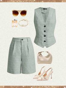 Ellevyn Women's Commuting Office Style Vest And Shorts Set - Multicolor - View 3