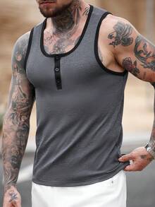 Manfinity CasualCool Men's Sleeveless Tank Top, Button Half-Placket, Slim Fit, Black & Grey Striped Jacquard Tank Top - Dark Grey - View 5